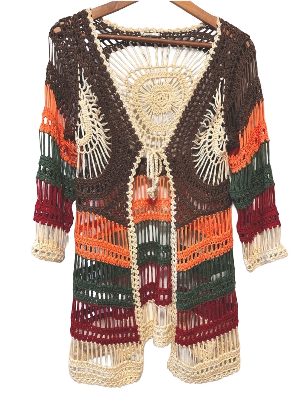 NOBLITA Crochet Fringe Duster Boho Festival Southwestern Open Knit